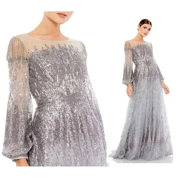 NWT Mac Duggal 20307 Platinum‎ Gray Jewel Encrusted Illusion Long Sleeve Gown - Picture 1 of 6